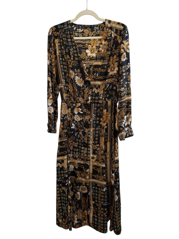 ReTrend black floral and chain print midi dress with V-neck, long sleeves, and button front closure. Size M.