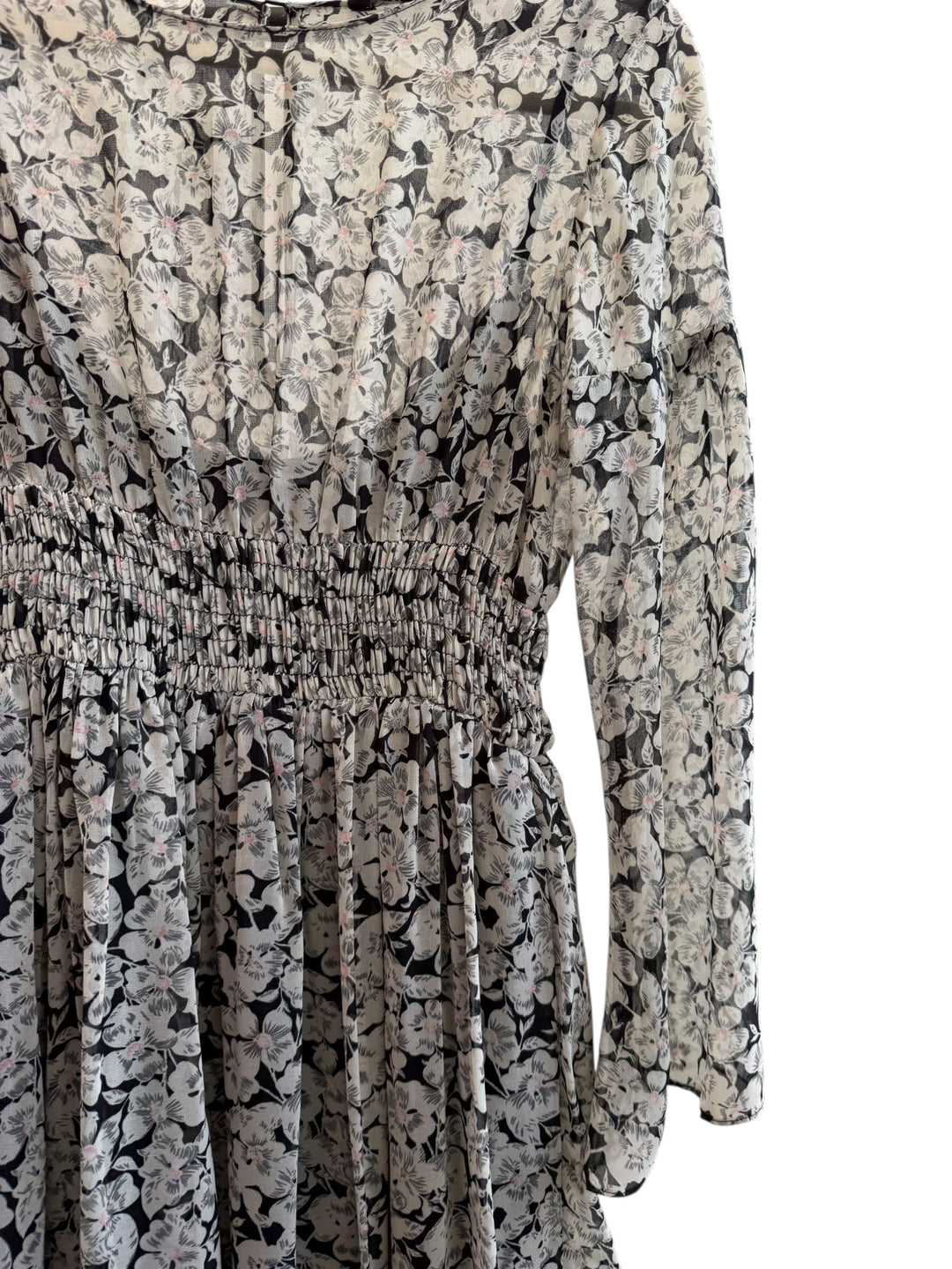 ReTrend black floral print midi dress with smocked waist and sheer long sleeves, size M.