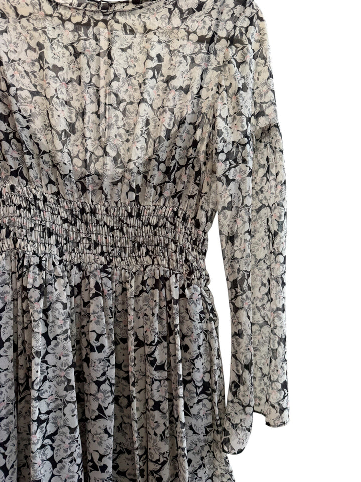 ReTrend black floral print midi dress with smocked waist and sheer long sleeves, size M.