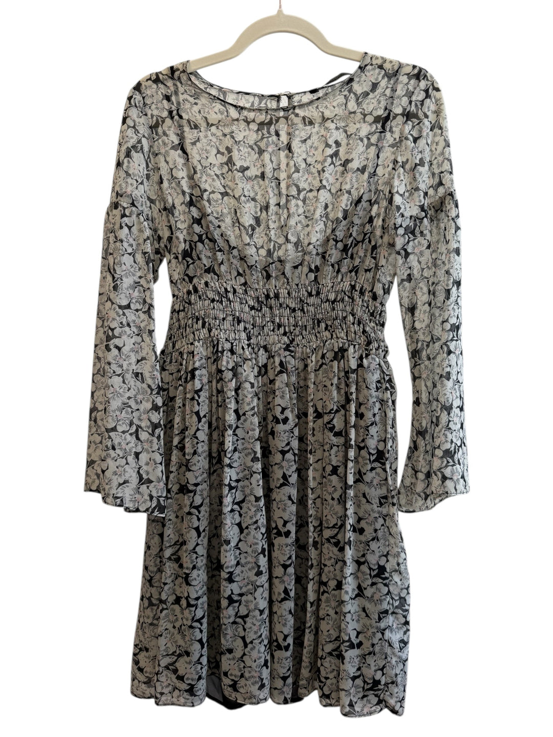 ReTrend black floral print midi dress with smocked waist, long sheer sleeves, and round neckline. Size M.