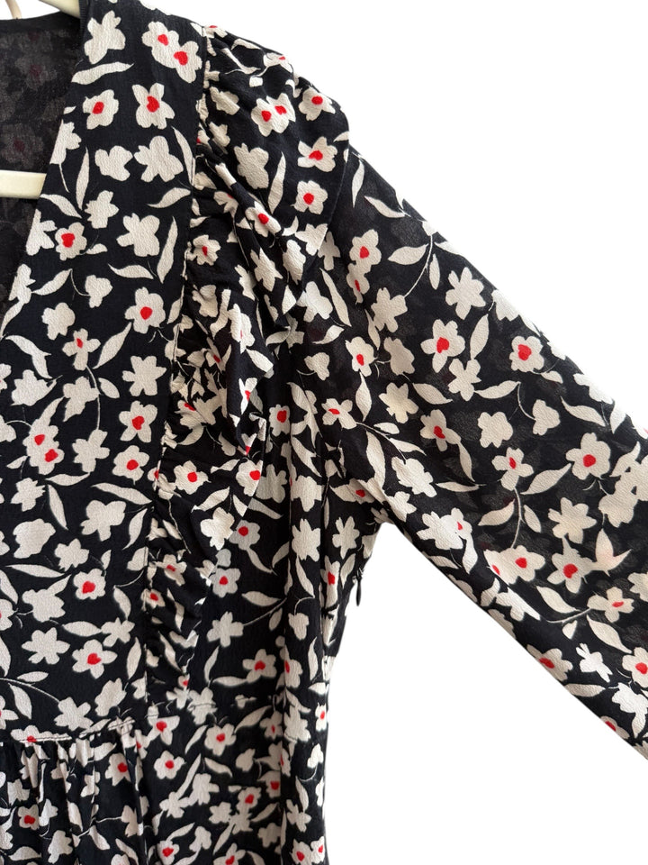 ReTrend black floral print midi dress with white flowers, red accents, V-neck, and ruffled details. Size L.