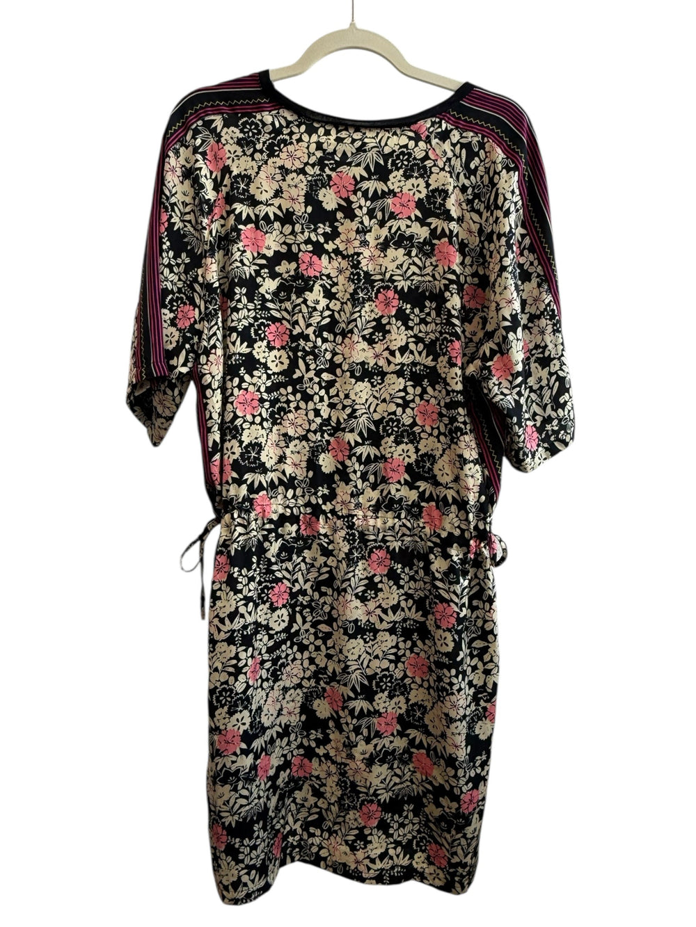 ReTrend black floral print midi dress with pink and beige accents, short sleeves, and adjustable side ties.