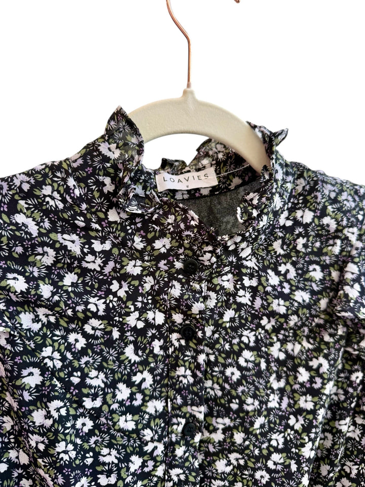 ReTrend black floral print dress with ruffled high neck, button front, and sheer long sleeves. Size S.