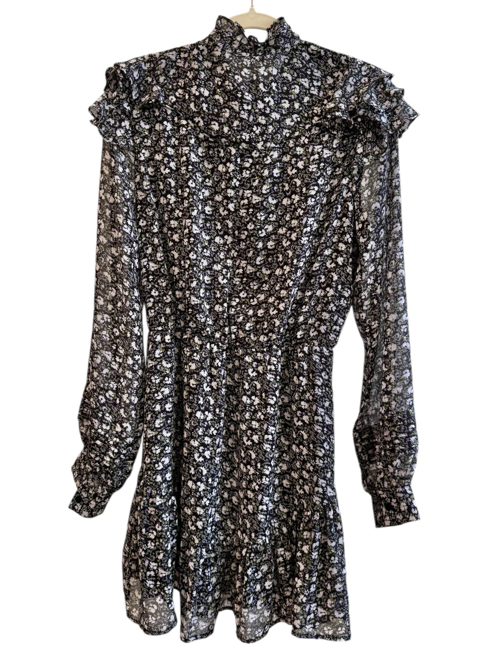 Retrend black floral print dress with ruffled collar, smocked cuffs, and flowing skirt. Size S.