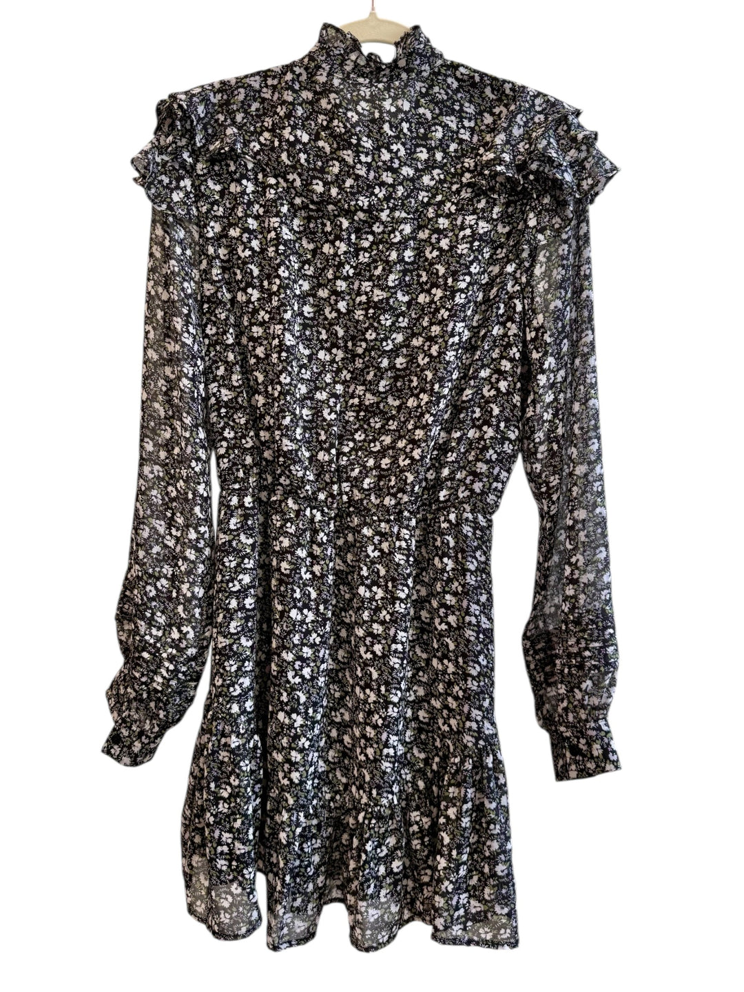 Retrend black floral print dress with ruffled collar, smocked cuffs, and flowing skirt. Size S.