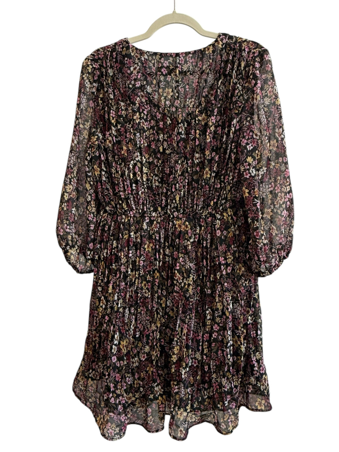 ReTrend black floral print V-neck dress with sheer sleeves and elasticated waist, size S.