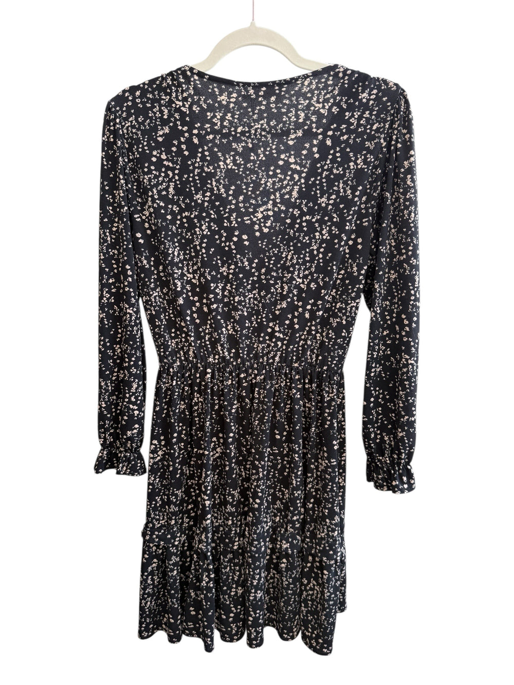 Retrend black floral print wrap dress size S with smocked cuffs and tiered hem