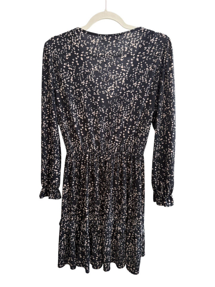 Retrend black floral print wrap dress size S with smocked cuffs and tiered hem