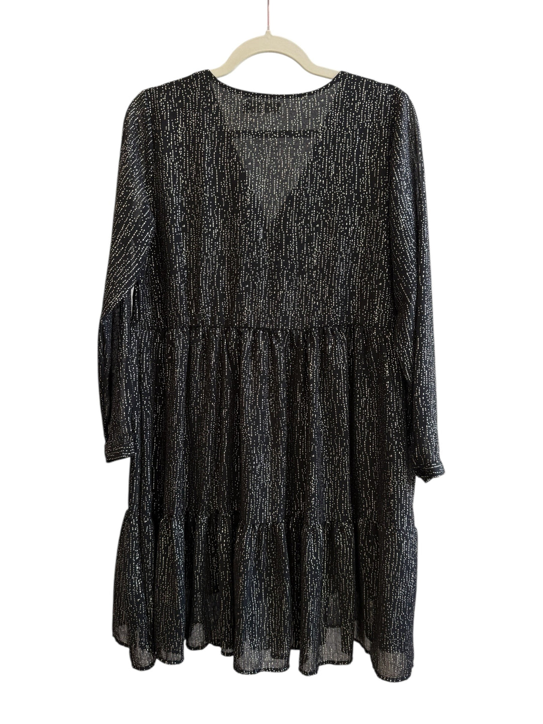 ReTrend black fluid dress with subtle gold dotted print, V-neck, empire waist, long sleeves, and tiered hem. Size S/M.