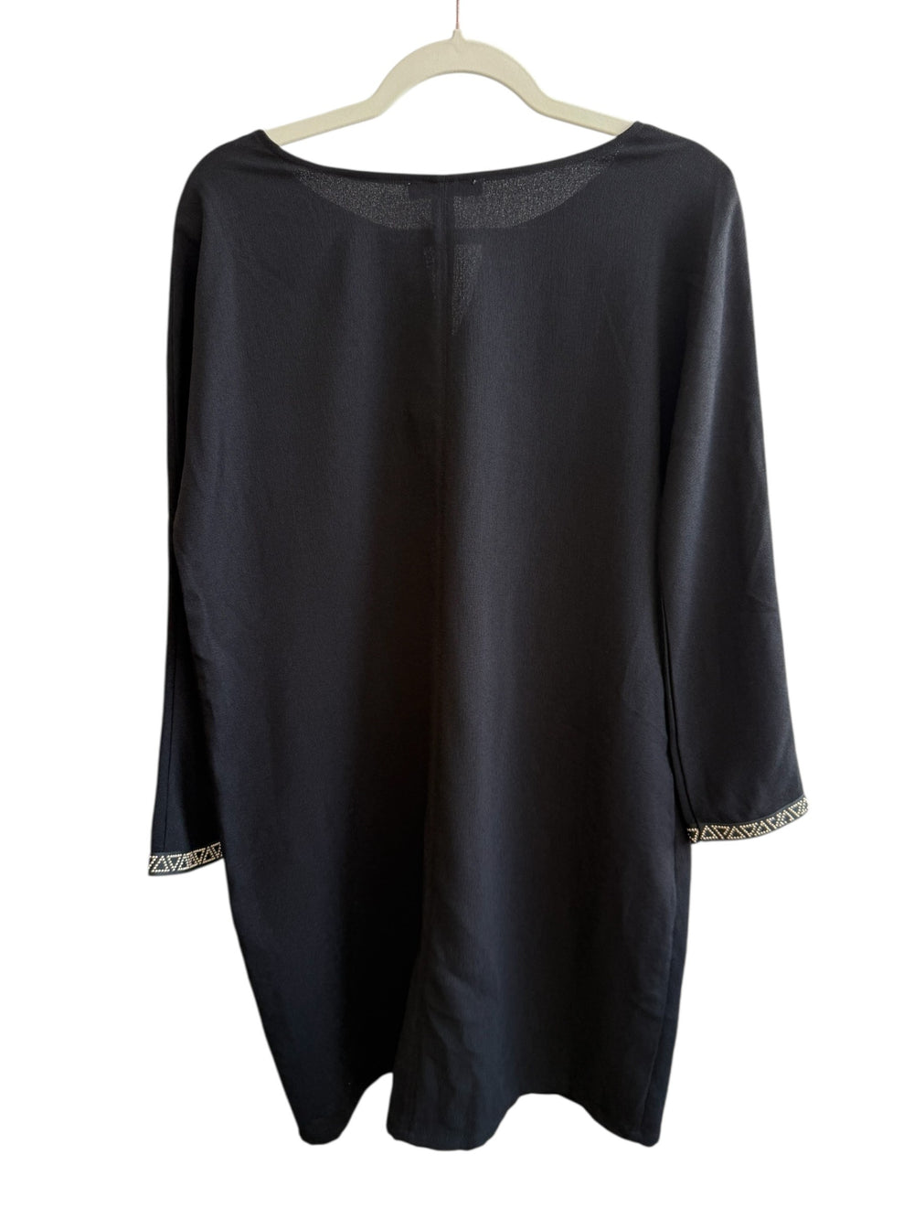 ReTrend black minimalist fluid dress size L with gold trim on 3/4 sleeves and pockets.