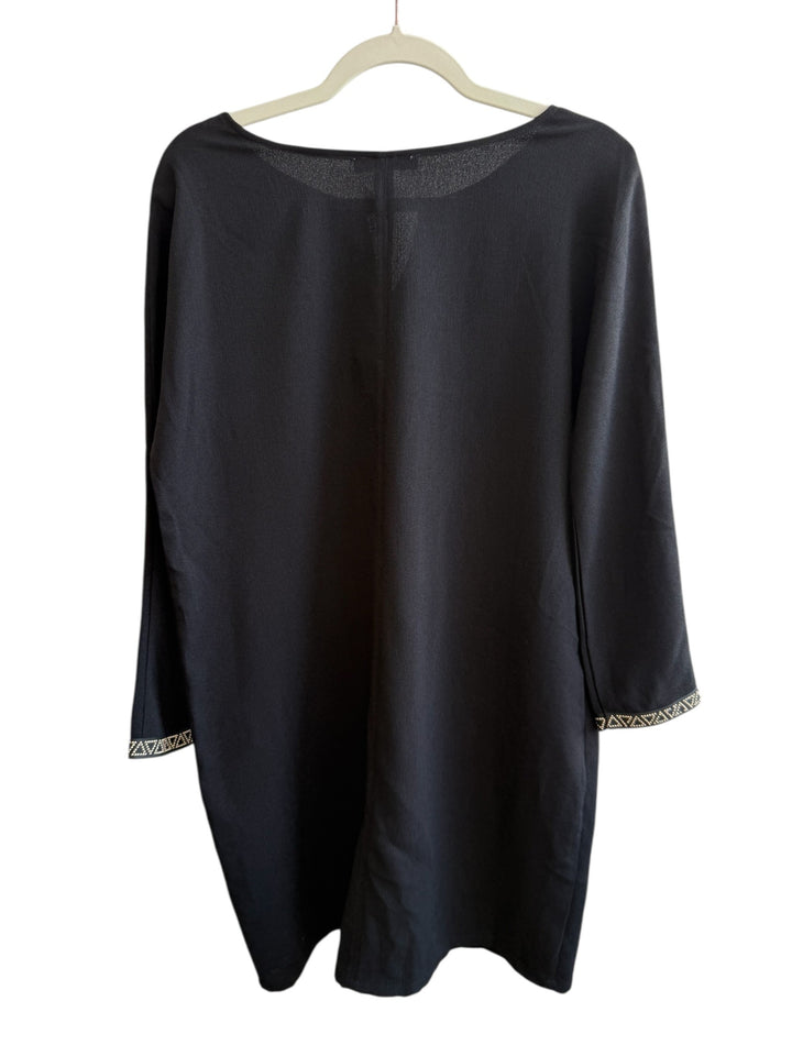 ReTrend black minimalist fluid dress size L with gold trim on 3/4 sleeves and pockets.