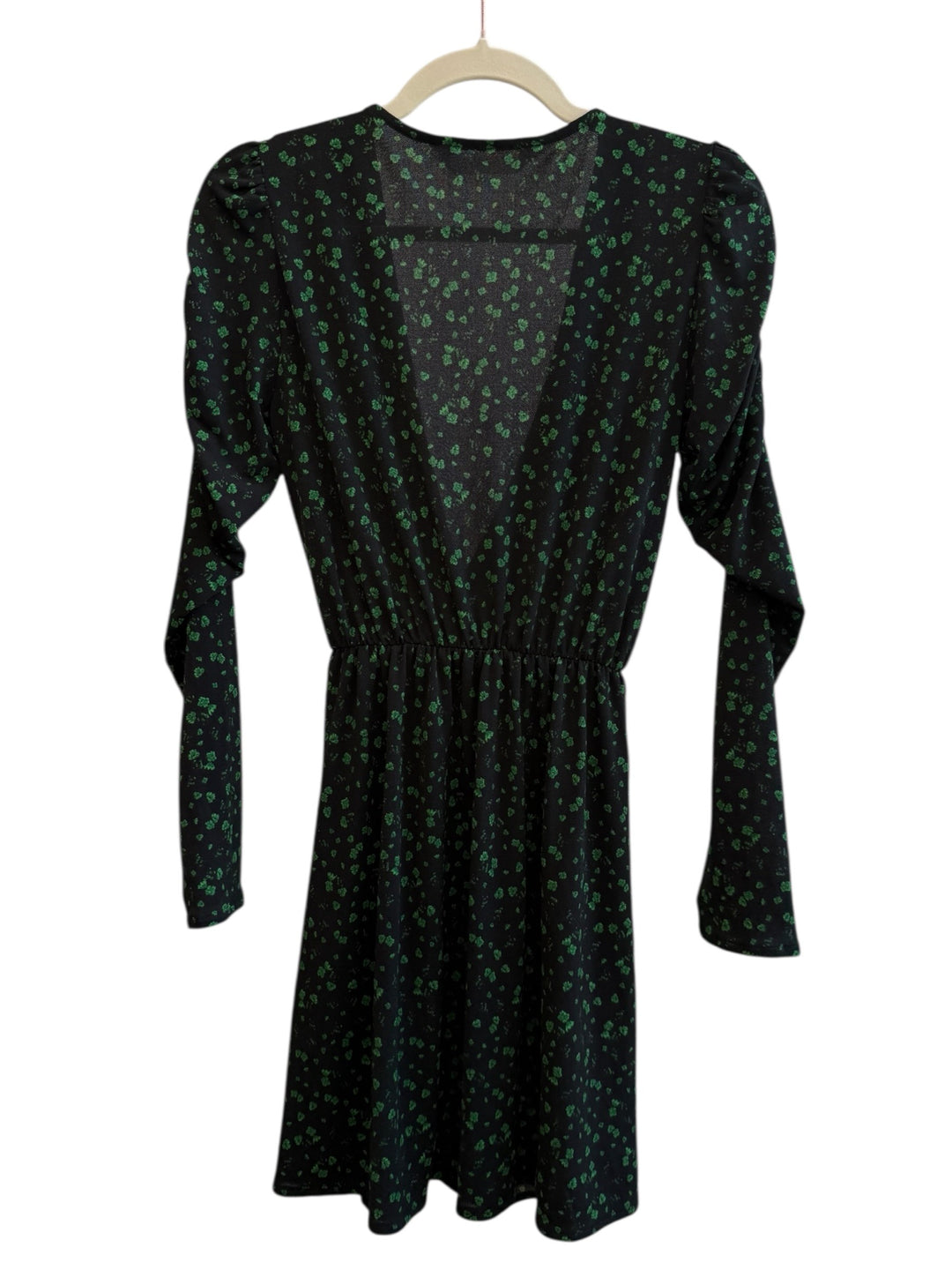ReTrend black floral print midi dress with green pattern, V-neck, long puff sleeves, and tie waist. Size S.