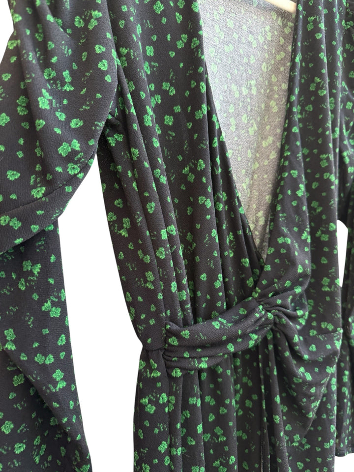 Retrend black and green floral print wrap dress with long sleeves and tie waist, size S.