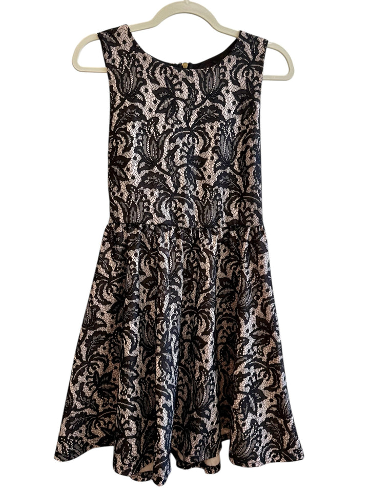 ReTrend black lace fit and flare dress with nude lining, round neck, sleeveless, zip back, size S.