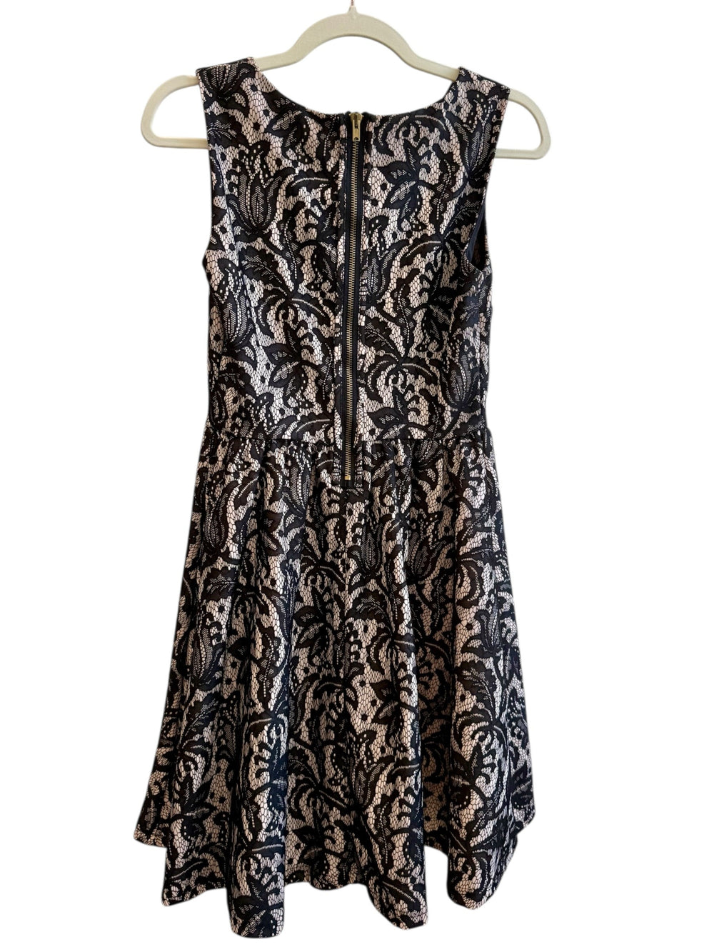 ReTrend black lace sleeveless skater dress with nude lining, round neck, zip back, size S.