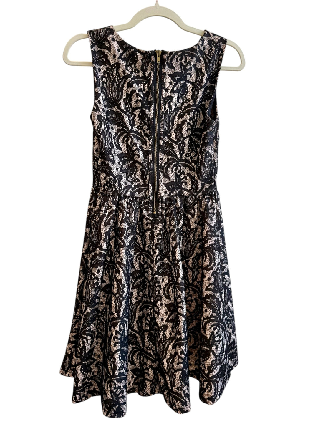 ReTrend black lace sleeveless skater dress with nude lining, round neck, zip back, size S.