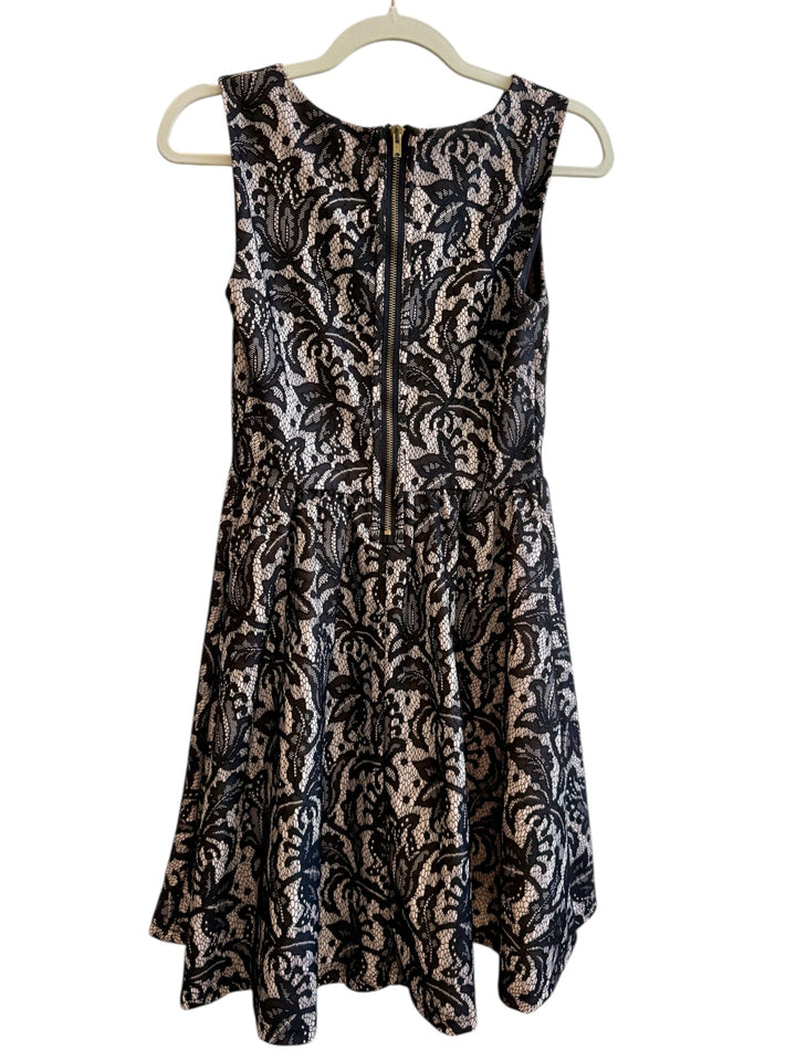 ReTrend black lace sleeveless skater dress with nude lining, round neck, zip back, size S.