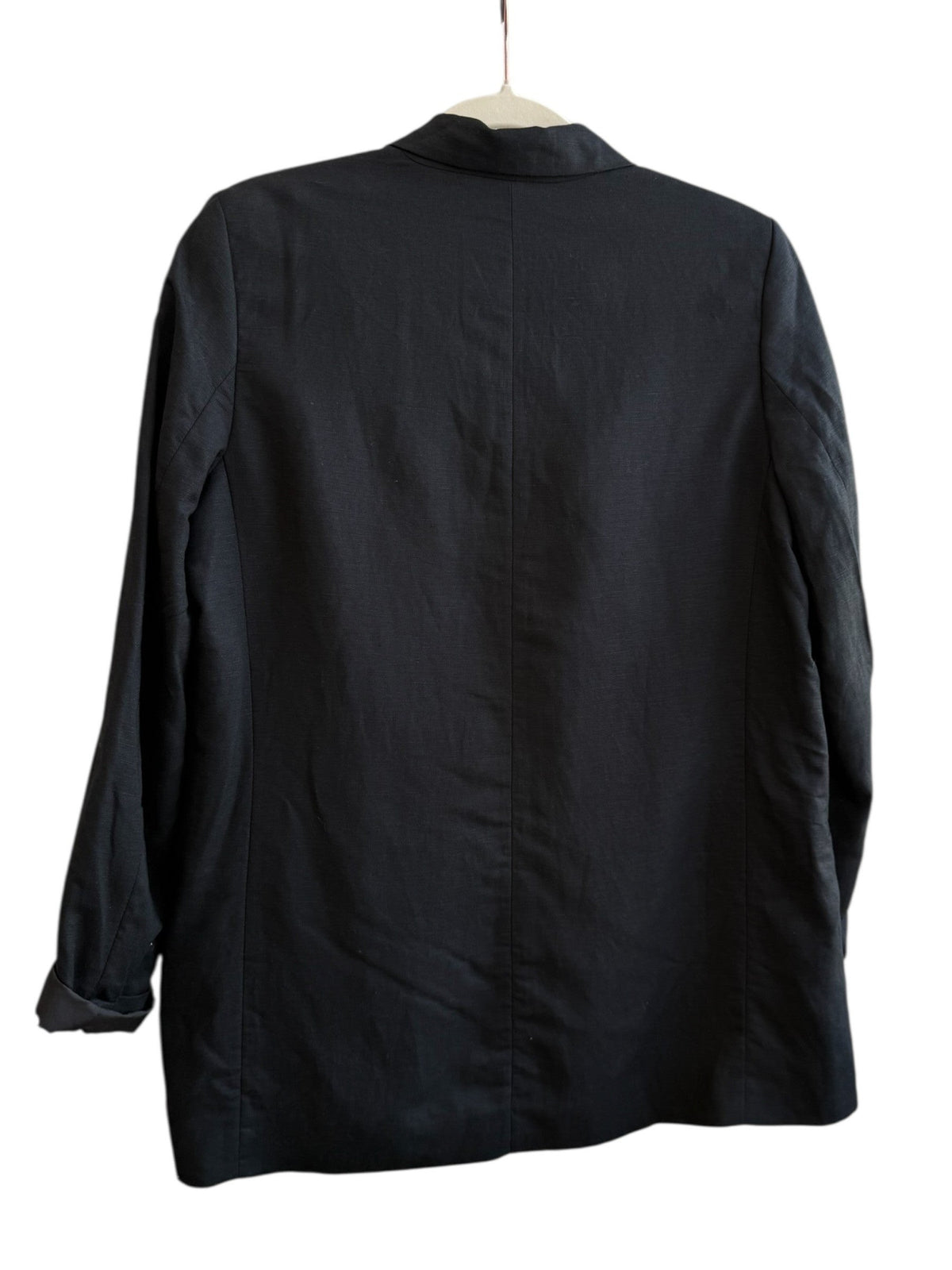 ReTrend black linen-effect oversized blazer, size S. Features a relaxed fit, notched collar, and button closure.