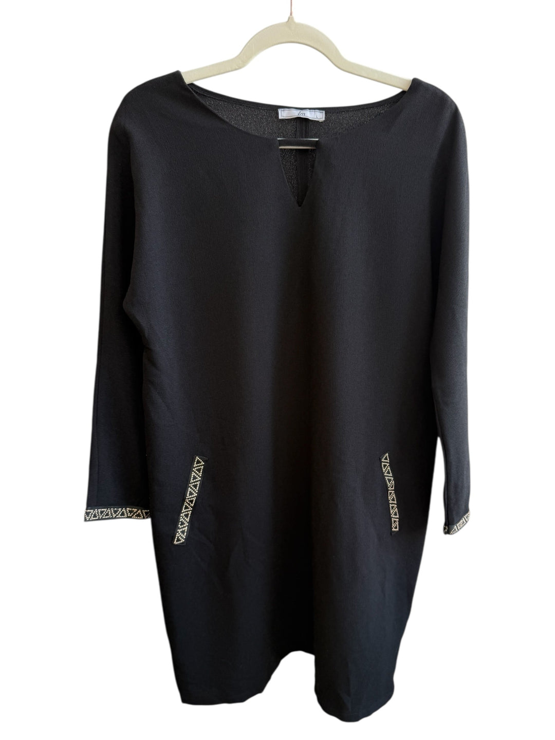 Retrend black minimalist midi dress with gold trim on sleeves and pockets, size L.
