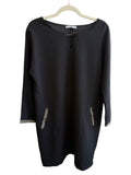 Retrend black minimalist midi dress with gold trim on sleeves and pockets, size L.