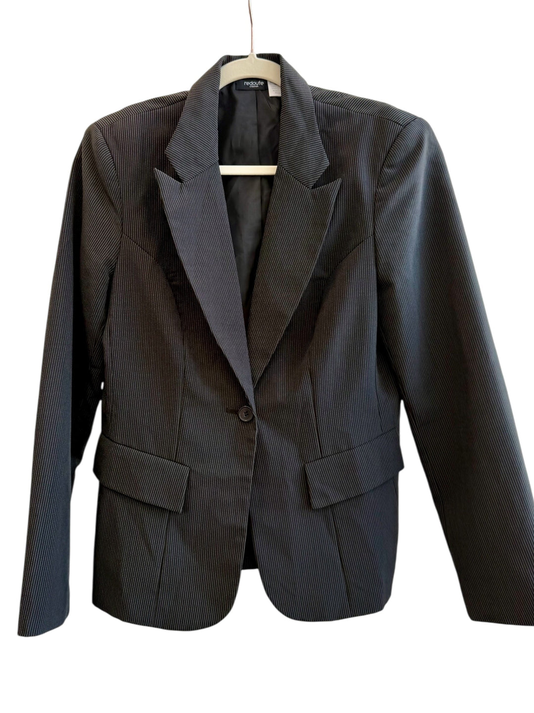 ReTrend black pinstripe blazer with structured collar, single button closure, and flap pockets. Size 40.