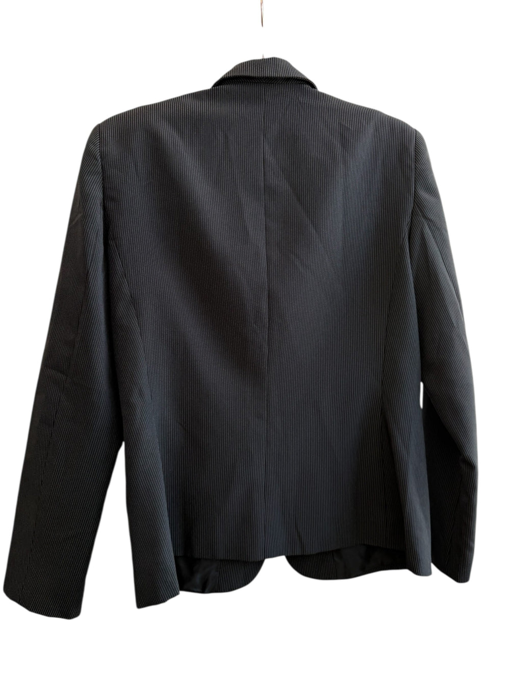 ReTrend black pinstripe blazer with structured cut, tailored collar, and flap pockets. Size 40.