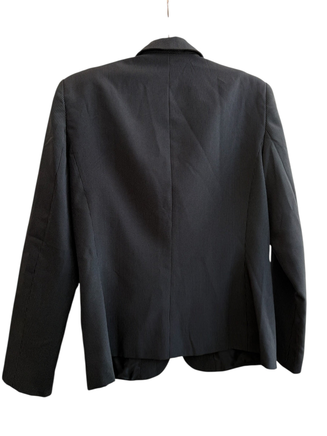 ReTrend black pinstripe blazer with structured cut, tailored collar, and flap pockets. Size 40.