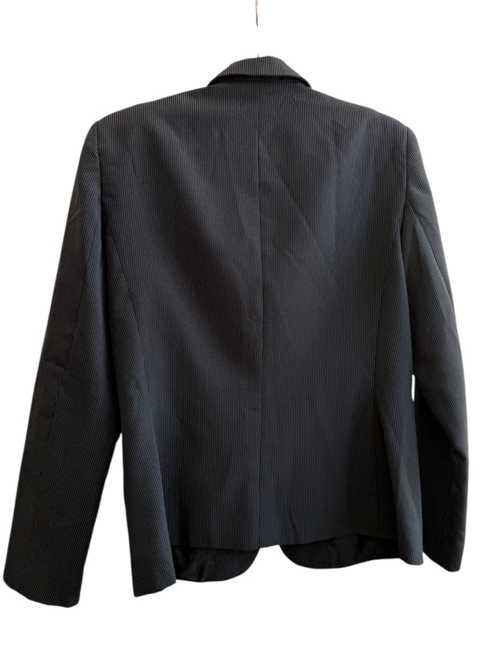 ReTrend black pinstripe blazer with structured cut, tailored collar, and flap pockets. Size 40.