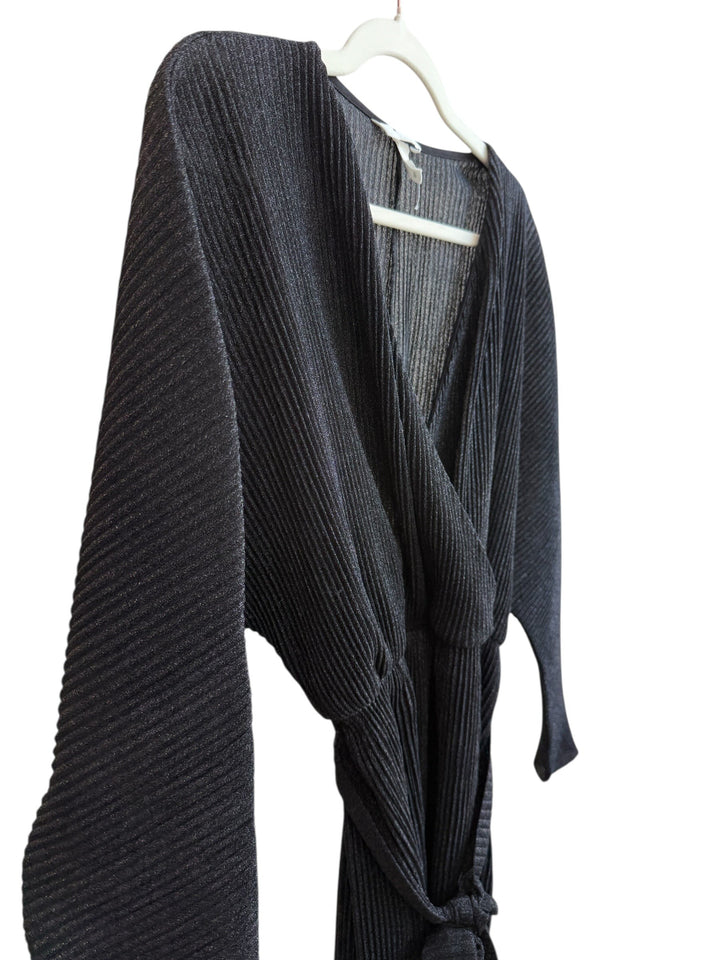 ReTrend black pleated dress with shimmering effect, fluid cut, V-neck, long sleeves, and tie belt. Size S.