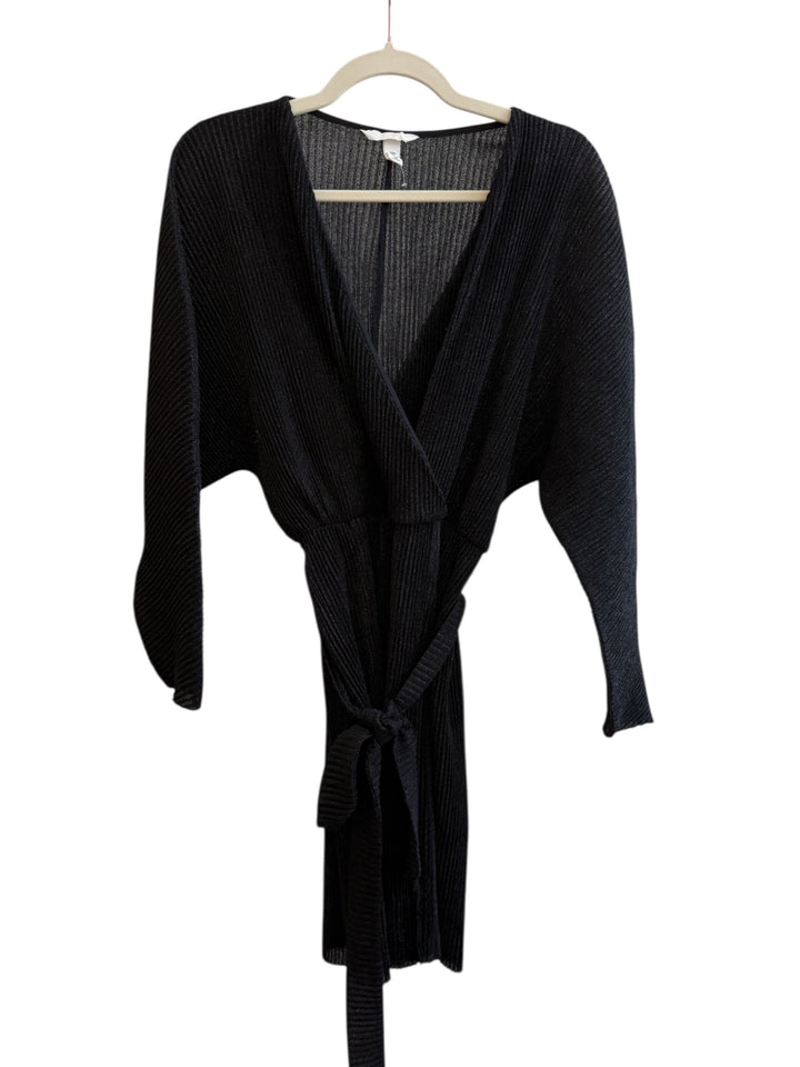 ReTrend black pleated wrap dress with a shimmering effect, V-neck, long sleeves, and tie waist. Size S.