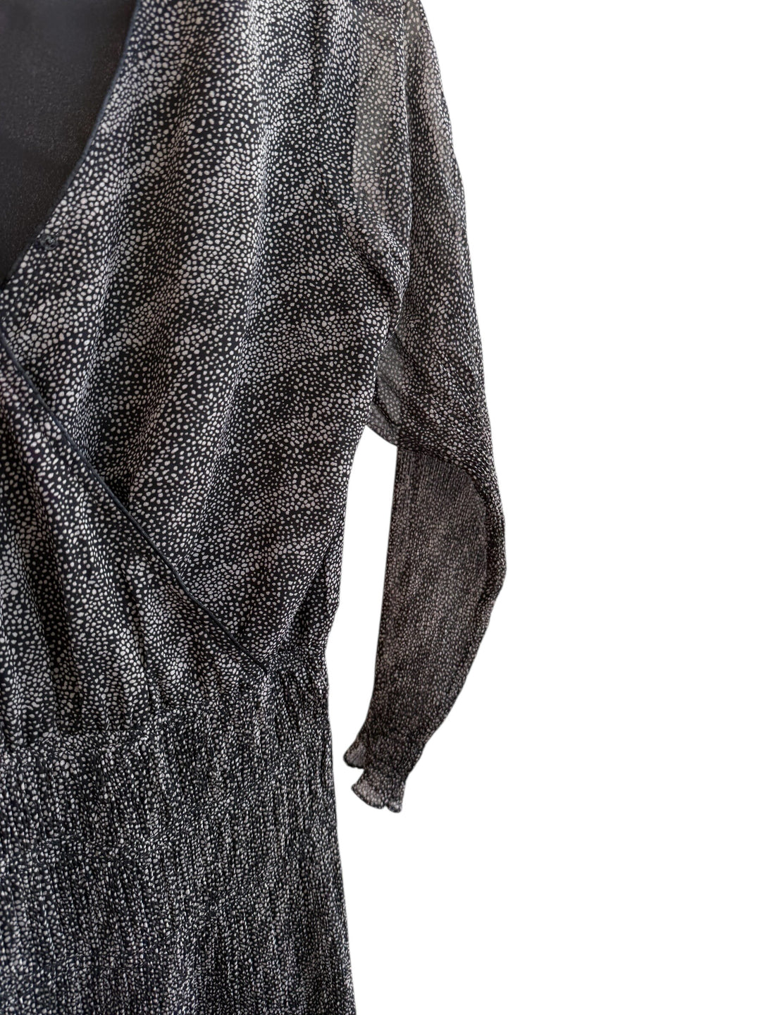 ReTrend black and ecru printed midi wrap dress with long sheer sleeves and elasticated waist, size S.