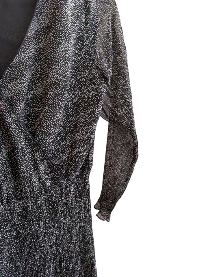 ReTrend black and ecru printed midi wrap dress with long sheer sleeves and elasticated waist, size S.