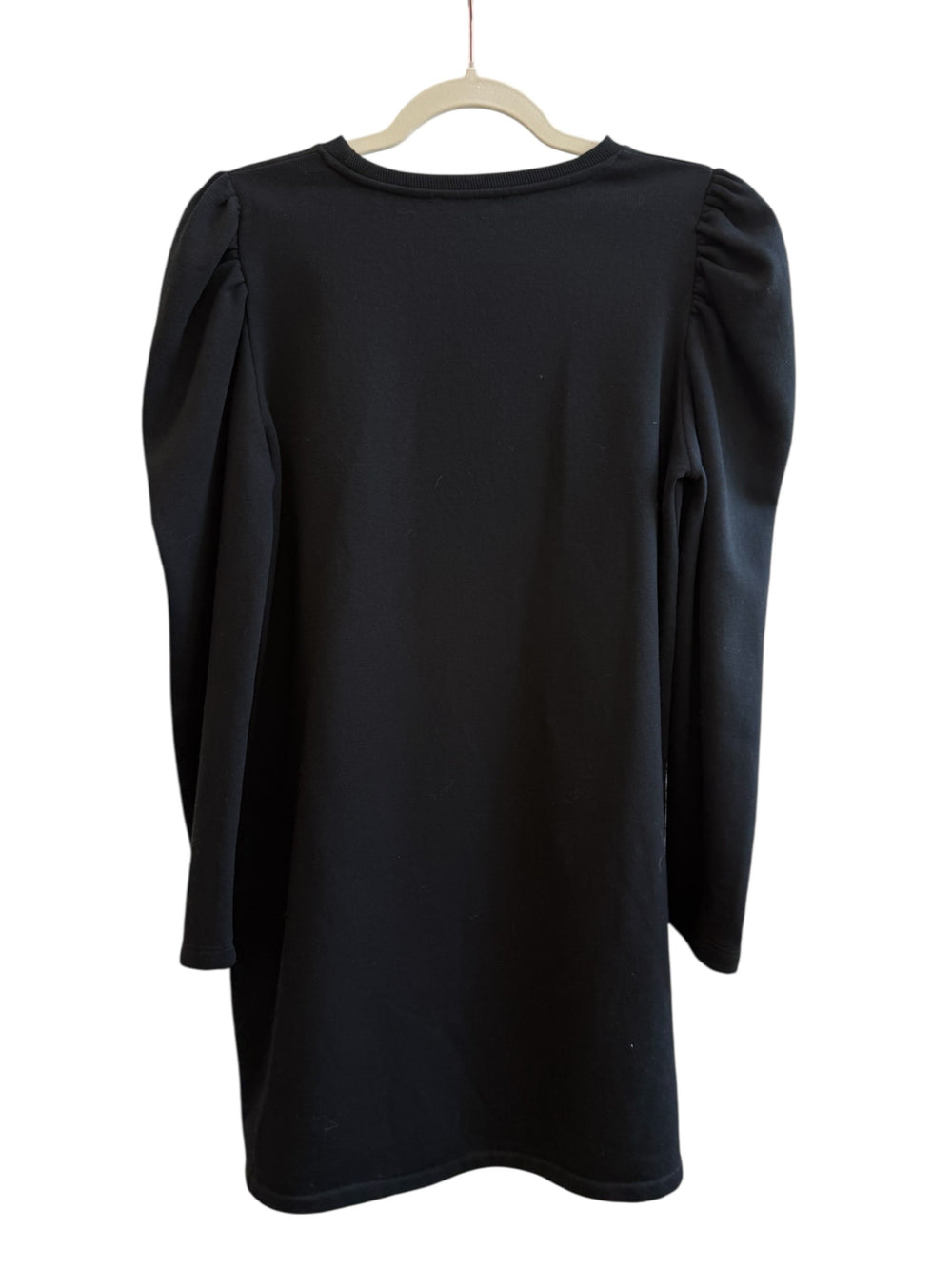 ReTrend black long-sleeve Zara dress with puff shoulders, round neck, and straight cut. Size M.