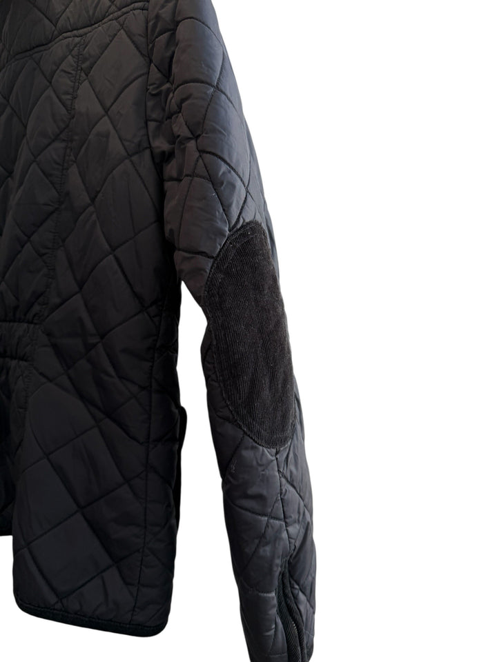 Retrend black quilted jacket with corduroy elbow patches and zip pockets, size M.