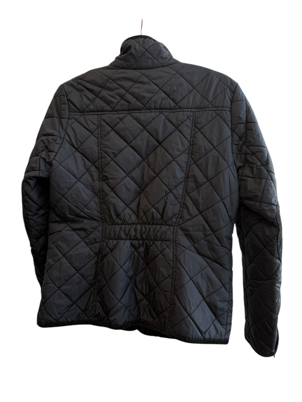 Retrend black quilted jacket, size M, with velvet collar and elbow patches. Snap and zip closure, zip and flap pockets.