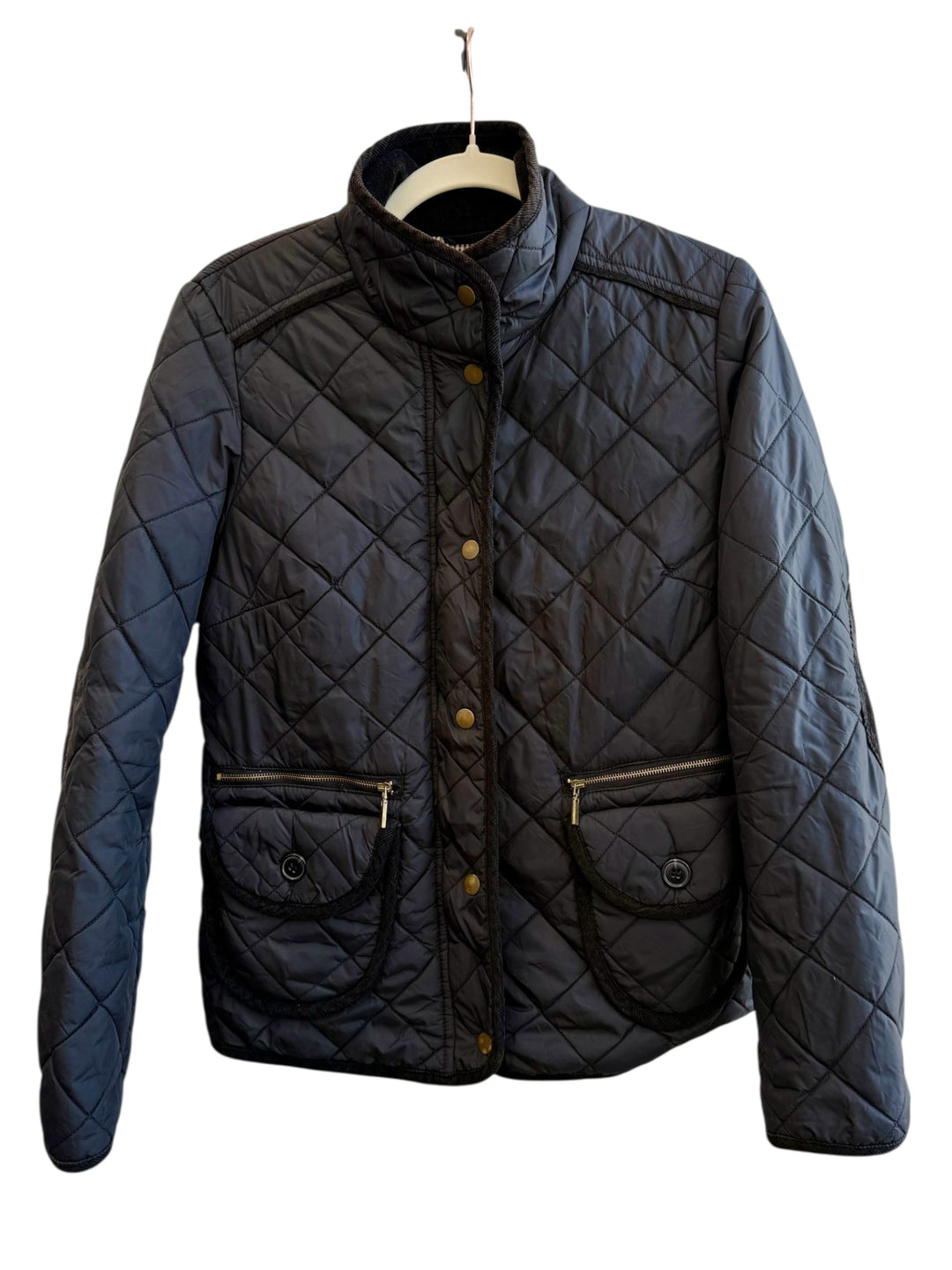 Retrend black quilted jacket, size M, with velvet collar and pockets, ideal for mid-season.