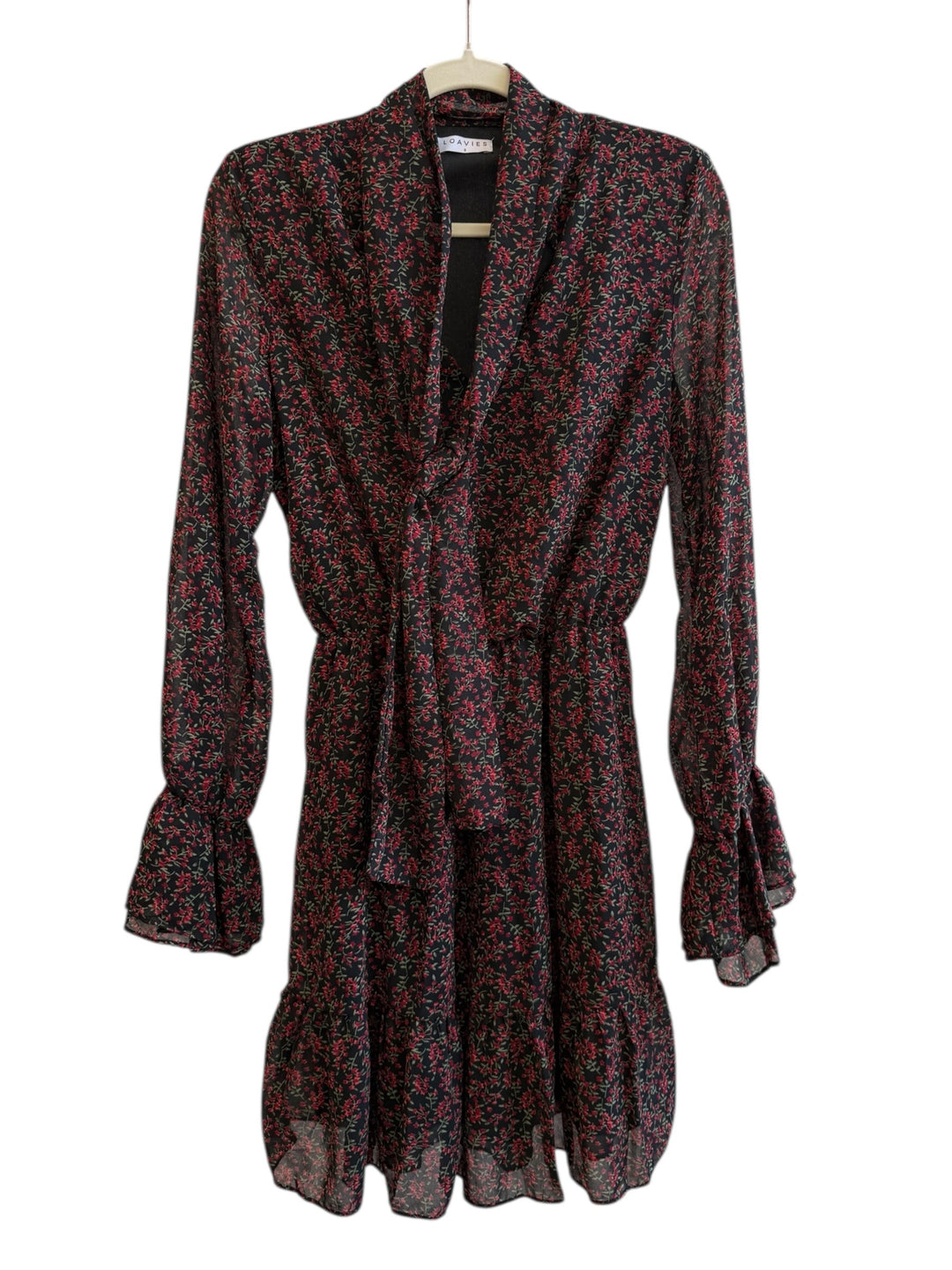 ReTrend black floral print dress with red flowers, V-neck, tie collar, long ruffled sleeves, size S.