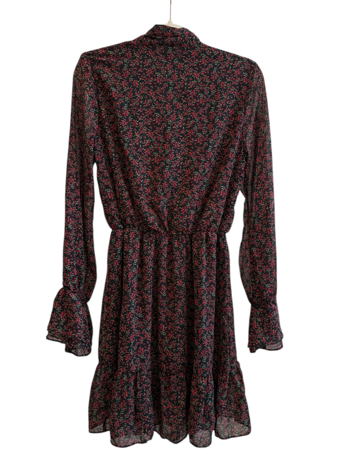 ReTrend black floral print midi dress with red flowers, V-neck, tie collar, long sheer sleeves, and ruffled hem. Size S.