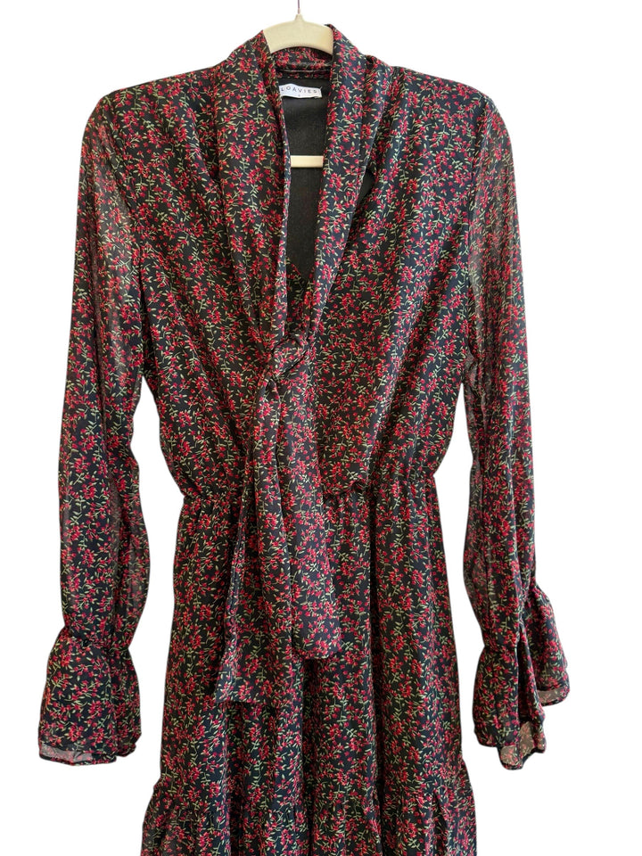 ReTrend black floral print midi dress with red flowers, V-neck, tie collar, long sheer sleeves, and ruffled cuffs. Size S.