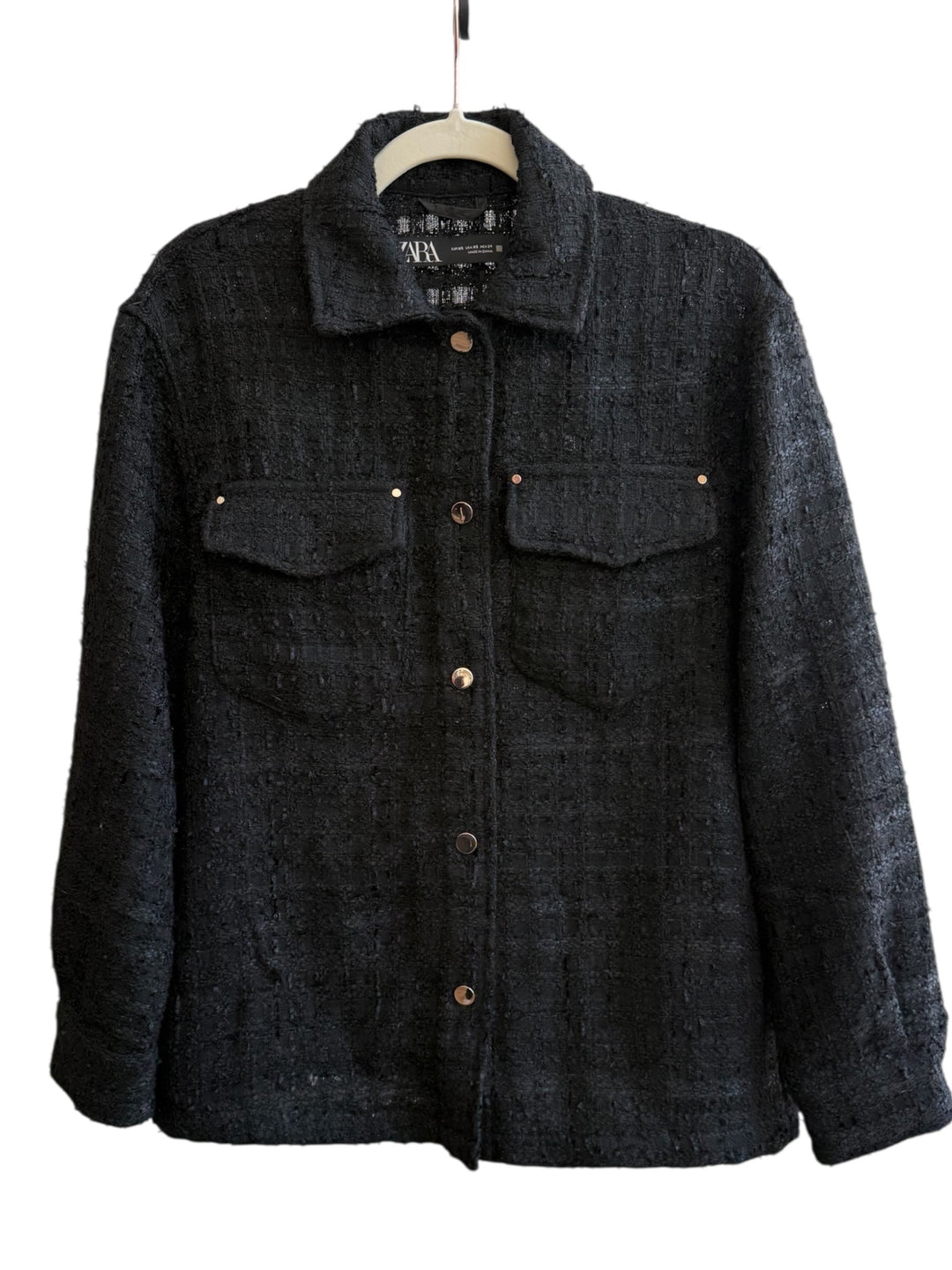 ReTrend black textured tweed shirt jacket with metallic buttons and chest pockets, size XS.
