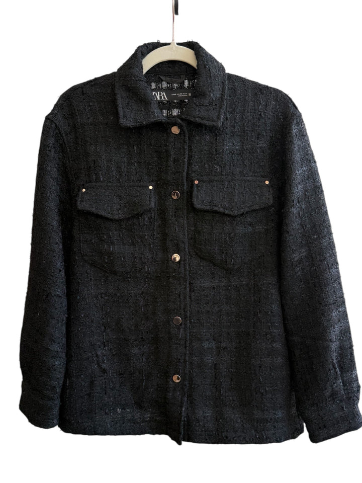 ReTrend black textured tweed shirt jacket with metallic buttons and chest pockets, size XS.
