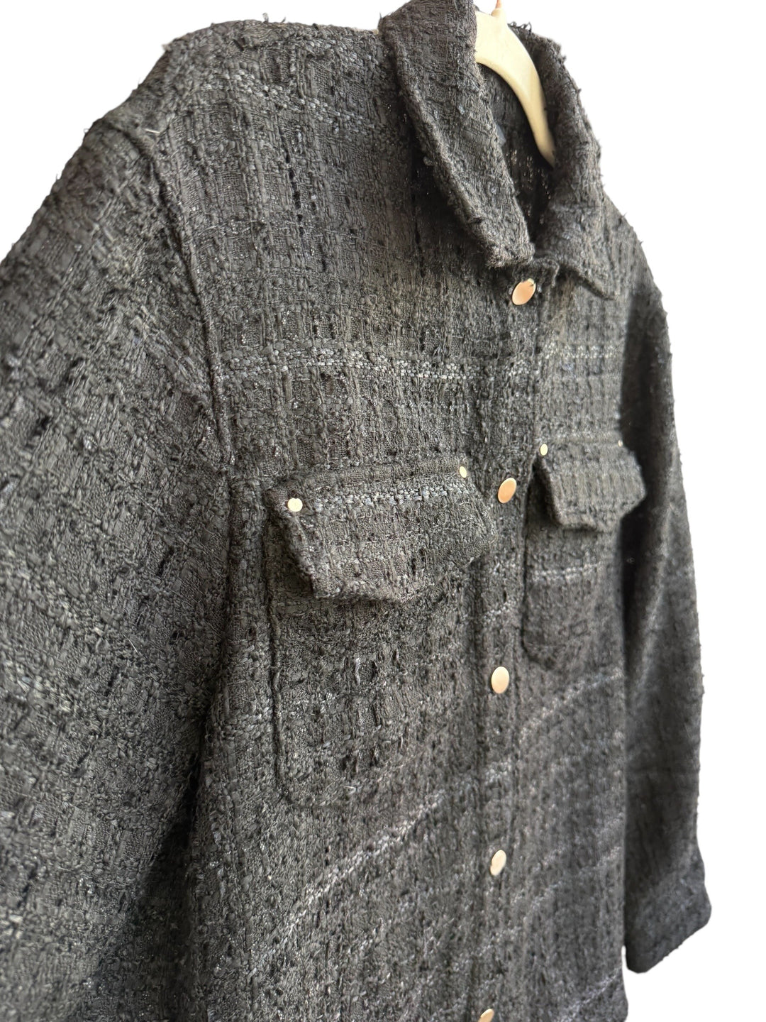 ReTrend black textured tweed shirt jacket with chest pockets and metallic buttons, size XS.