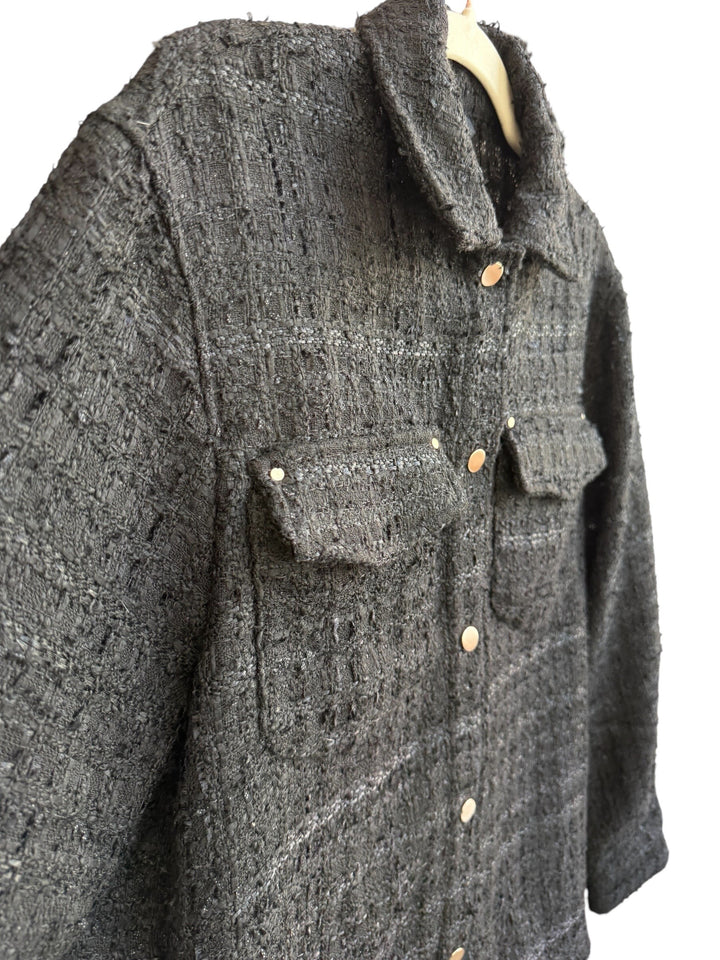 ReTrend black textured tweed shirt jacket with chest pockets and metallic buttons, size XS.