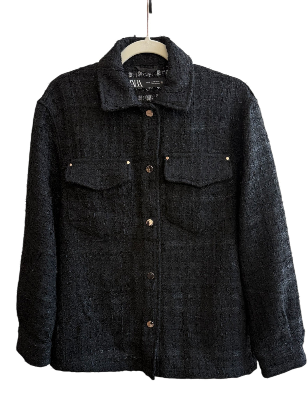 ReTrend black textured tweed shirt jacket with chest pockets and metallic buttons, size XS.