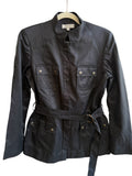 ReTrend black structured twill jacket with mandarin collar, discreet button closure, belted waist, and buttoned flap pockets. Size 40.