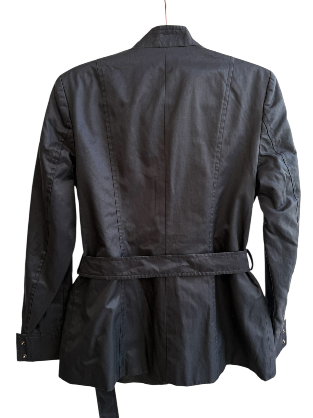 Retrend black structured twill jacket with a stand-up collar, discreet closure, and belted waist. Size 40.