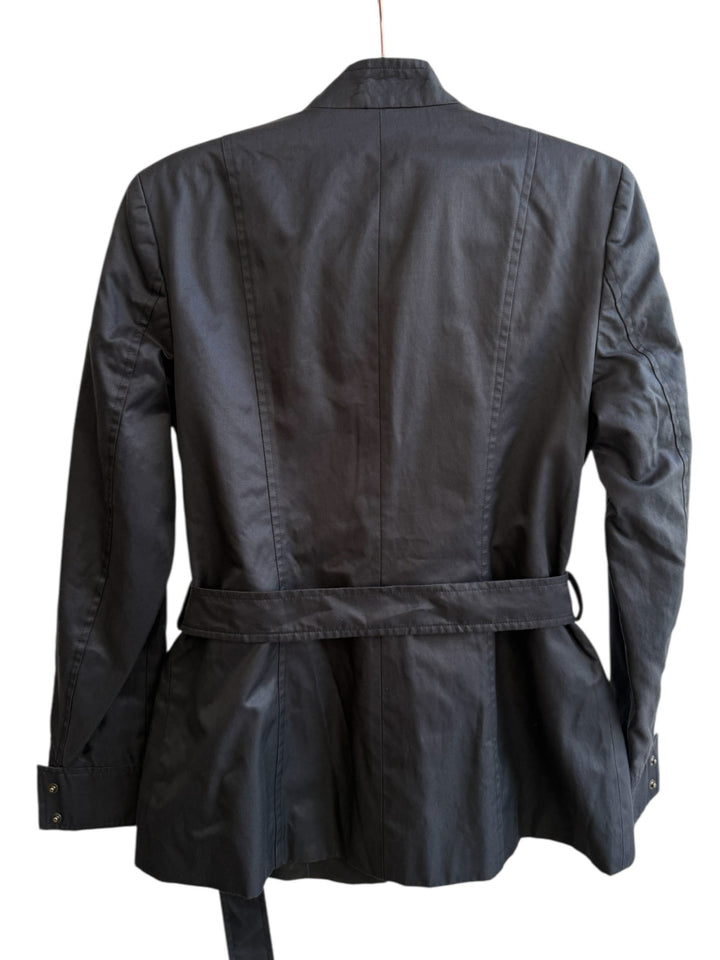 Retrend black structured twill jacket with a stand-up collar, discreet closure, and belted waist. Size 40.