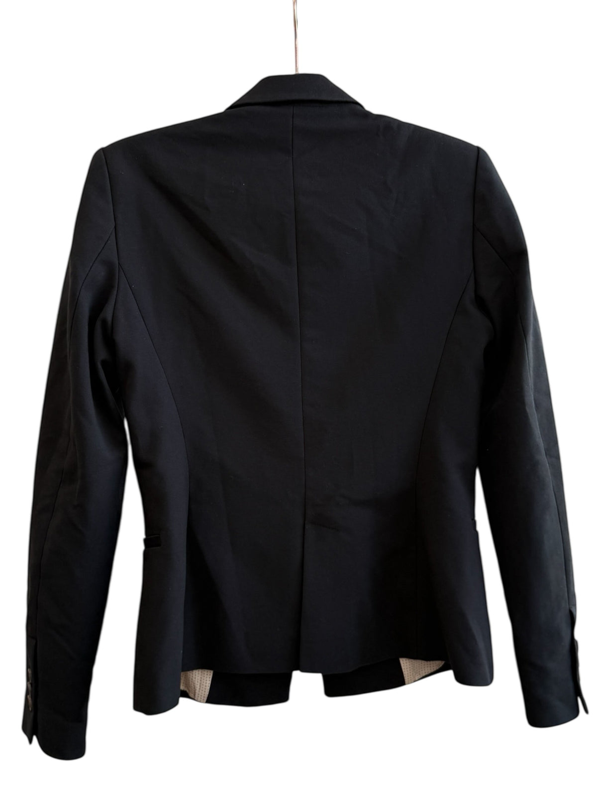 ReTrend black tailored blazer with lapel collar and single button closure. Size M.