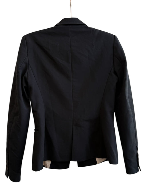 ReTrend black tailored blazer with lapel collar and single button closure. Size M.