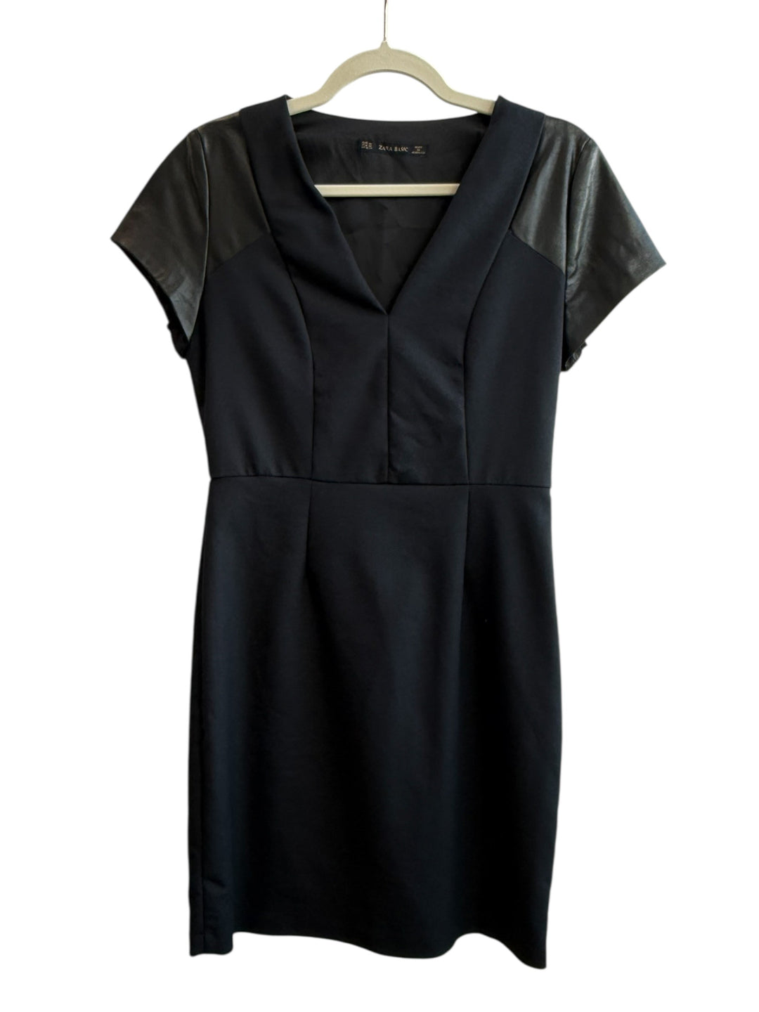 ReTrend black Zara dress size M, bi-material with V-neck and faux leather sleeves.